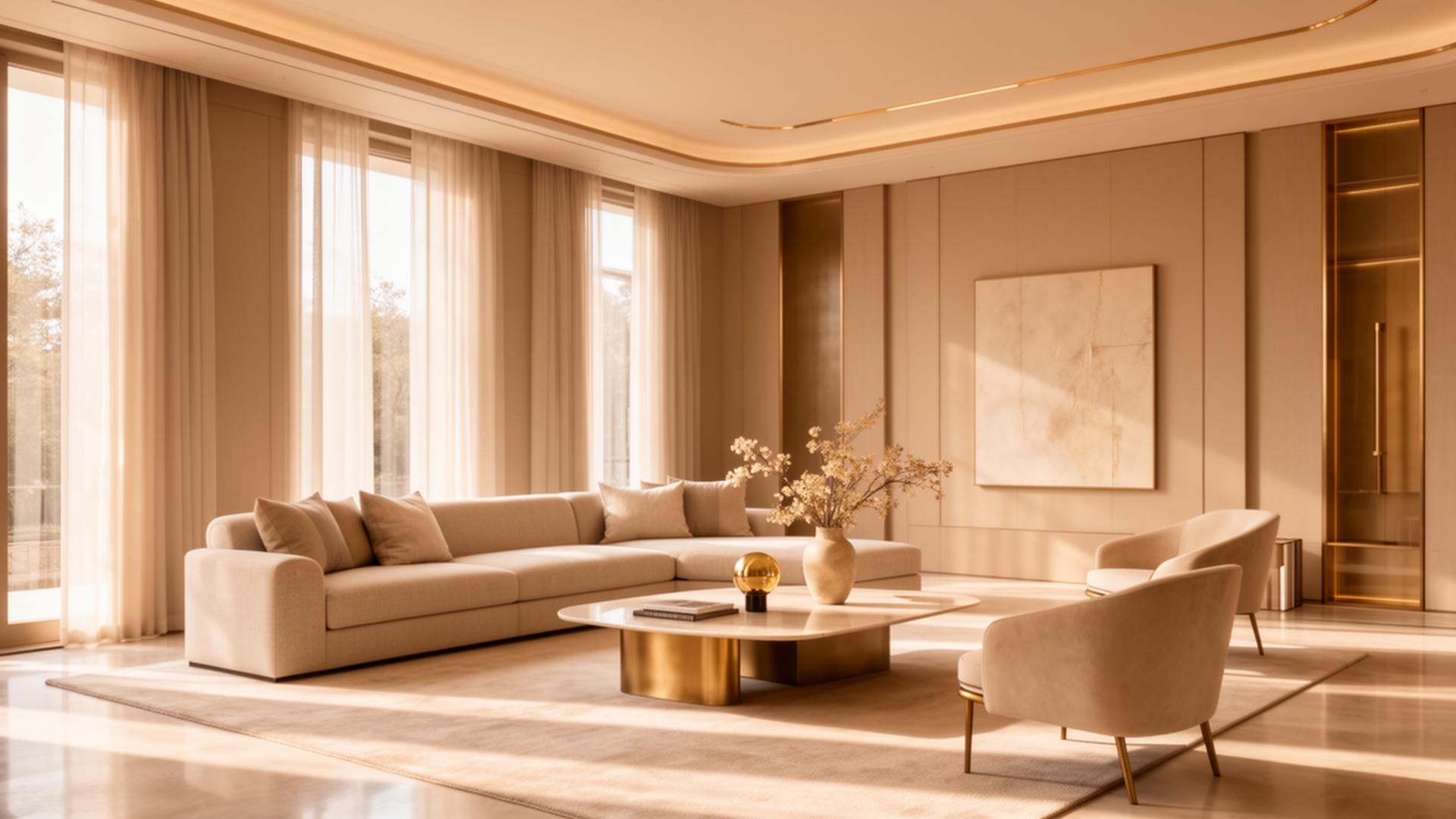 Sala de estar elegante em tons neutros com detalhes dourados